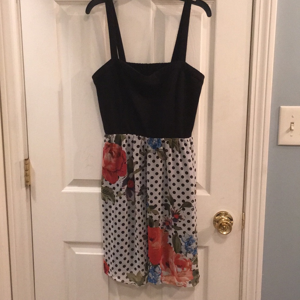 CHARLOTTE RUSSE DRESS BLACK POLKA DOTS AND FLOWERS